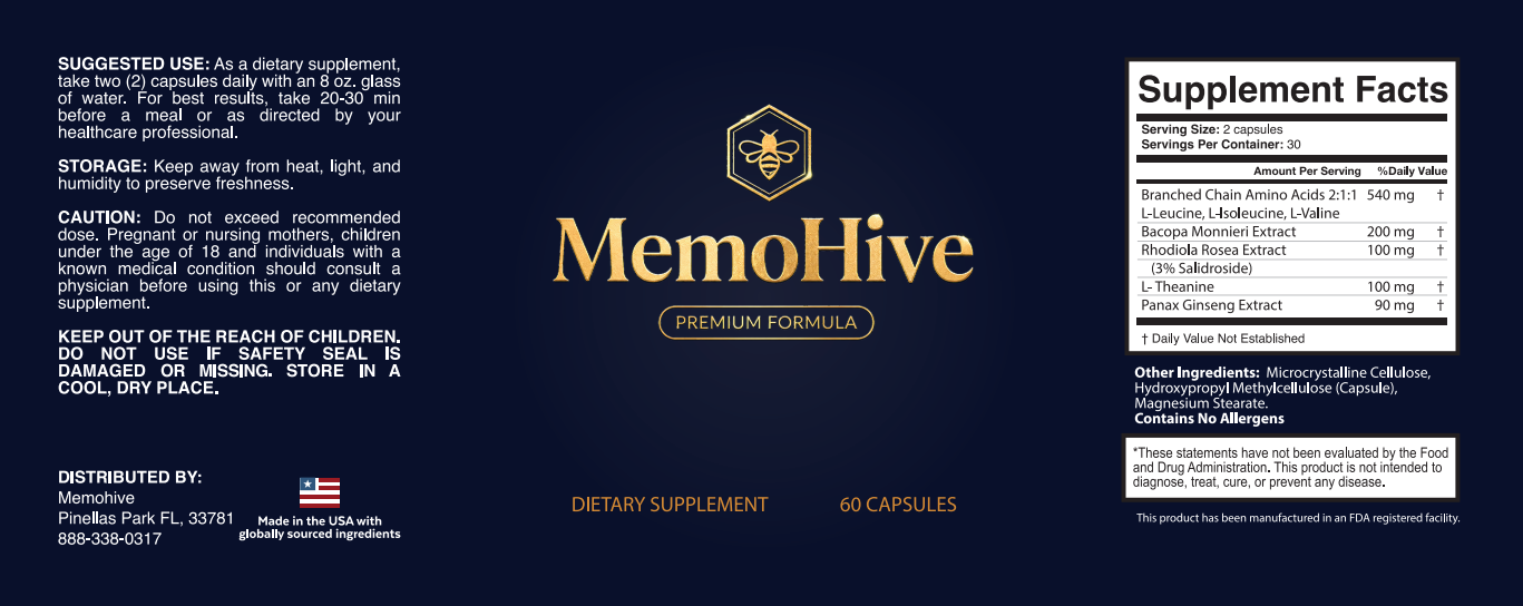 The complete MemoHive Premium Formula label, showing the Supplement Facts panel, suggested use, storage, caution and distributor information